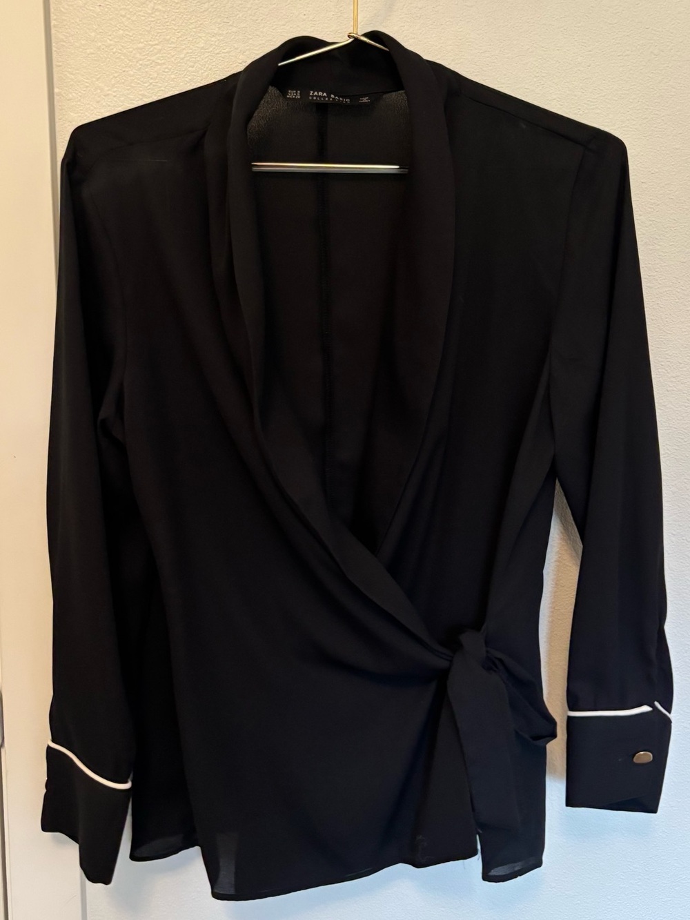 Zara Black Side Tie Silky Top Gold Buttons